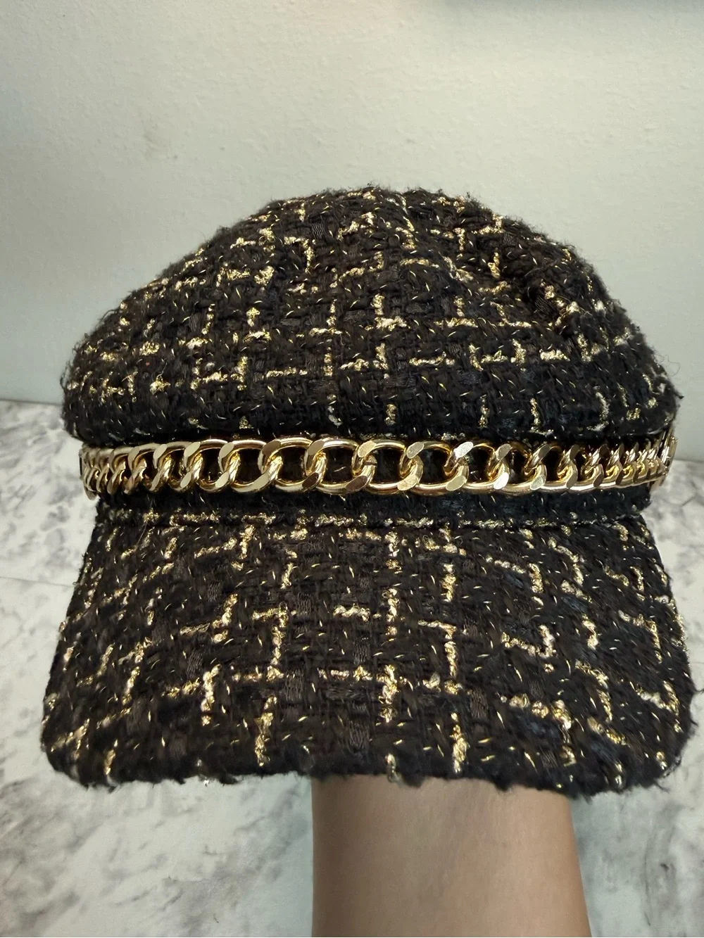 Vintage Y2K Juicy Couture Black Tweed Newsboy Cap with Gold Chain Accent